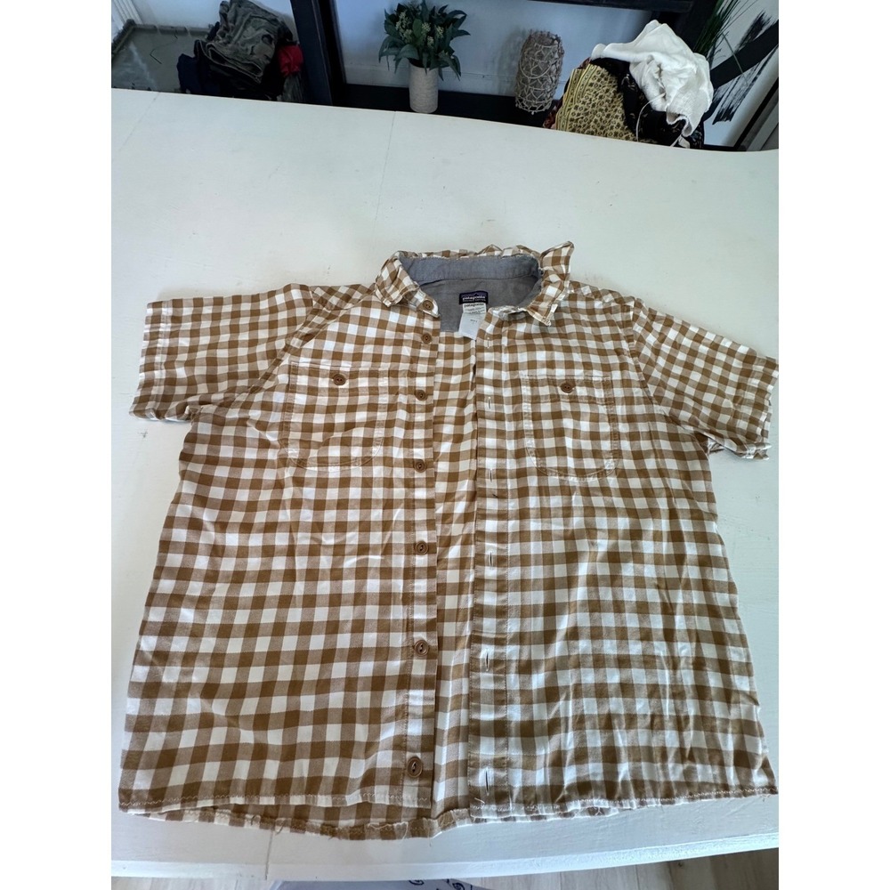Patagonia Womens Large Gingham Short Sleeve Button Down Shirt Tan White Custom